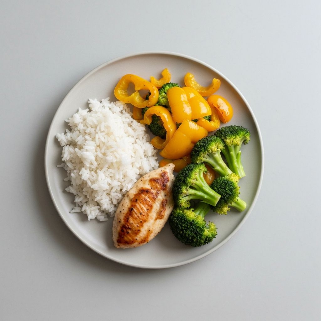 Plate with rice vegetables and protein